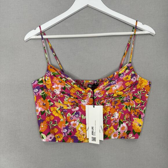 Zara Tops - Zara Floral Crop Top Womens XL Pink Satin Underwire Bustier Cami Country Cottage